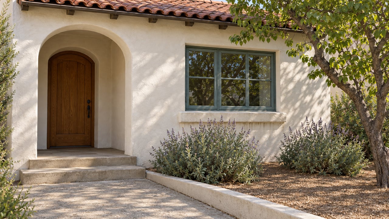 White stucco home with a recessed arched oak entry, blue-green window trim, red clay roof tiles, and a small planted front garden.