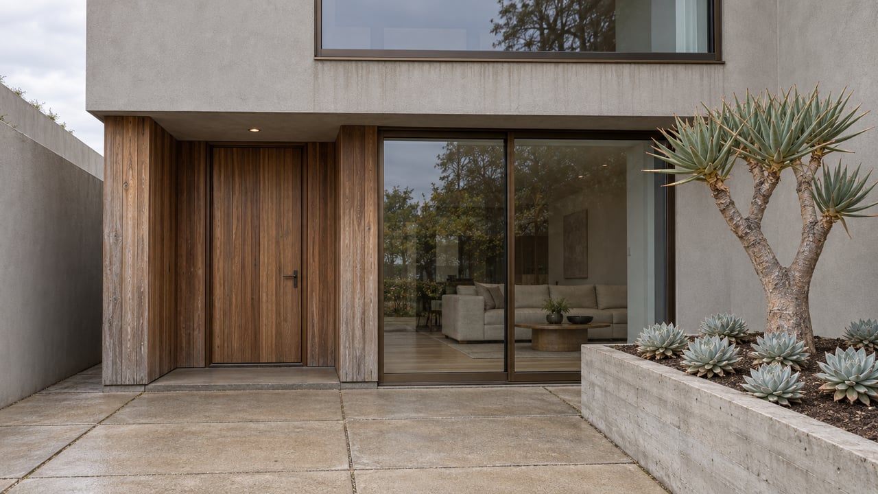 Compact contemporary home with weathered cedar entry, bronze-framed glazing and a sculptural aloe in a raised concrete planter under soft morning light.