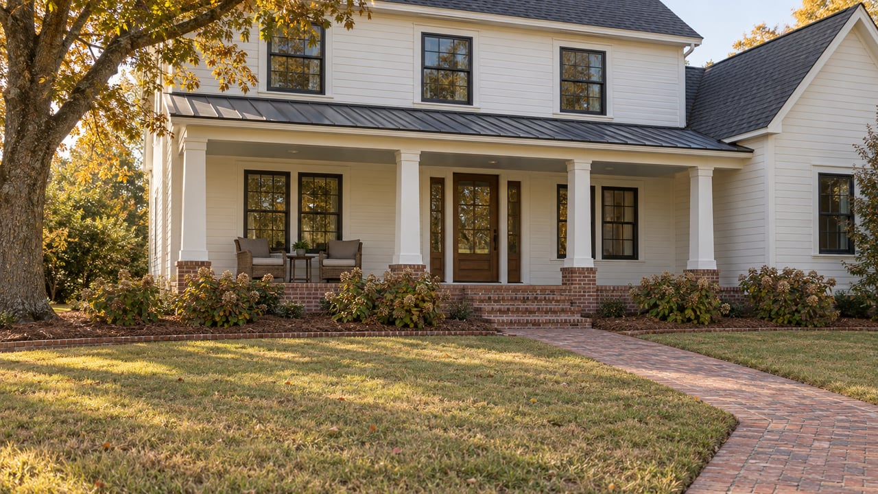 White gabled home with a raised brick porch, deep lawn, oak tree and oakleaf hydrangeas in warm afternoon light.