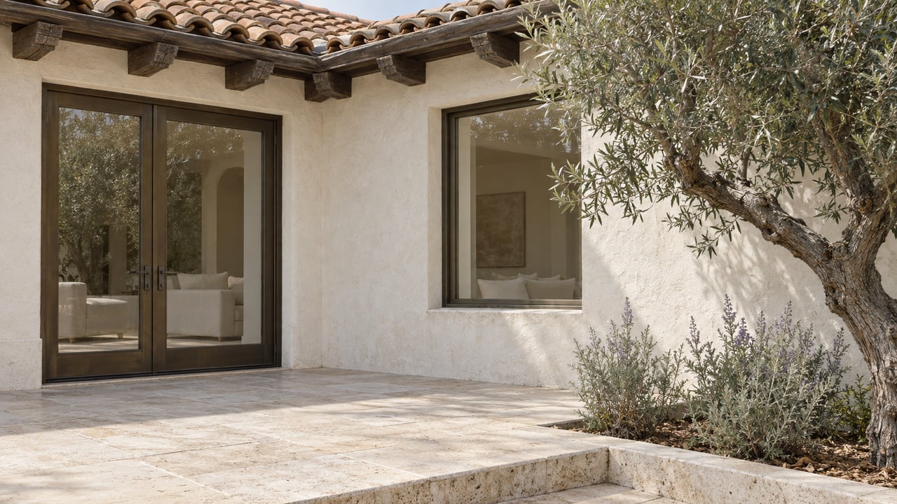 Clay-tiled stucco home with bronze-framed glass doors, a limestone terrace and a mature olive tree.