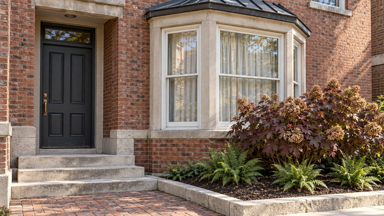 Red-brick townhouse entrance beside a white sash-window bay, with worn limestone steps and burgundy oakleaf hydrangea.