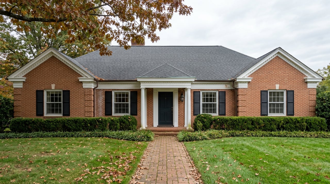 Brick Georgian-style home with white-columned portico, boxwood hedge, brick walkway, and an amber-leaved oak.