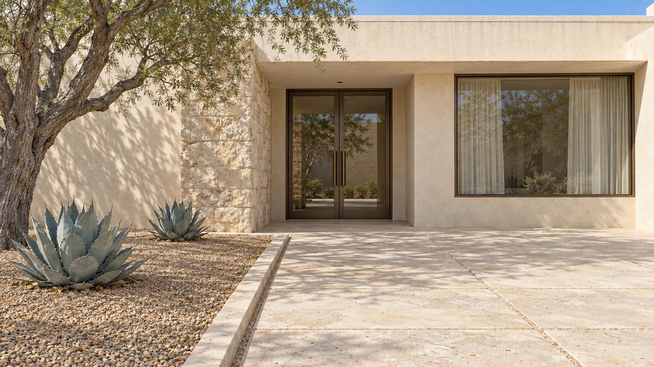 Cream stucco residence with bronze glazed double doors, limestone paving, and a sculptural ironwood beside two agaves.