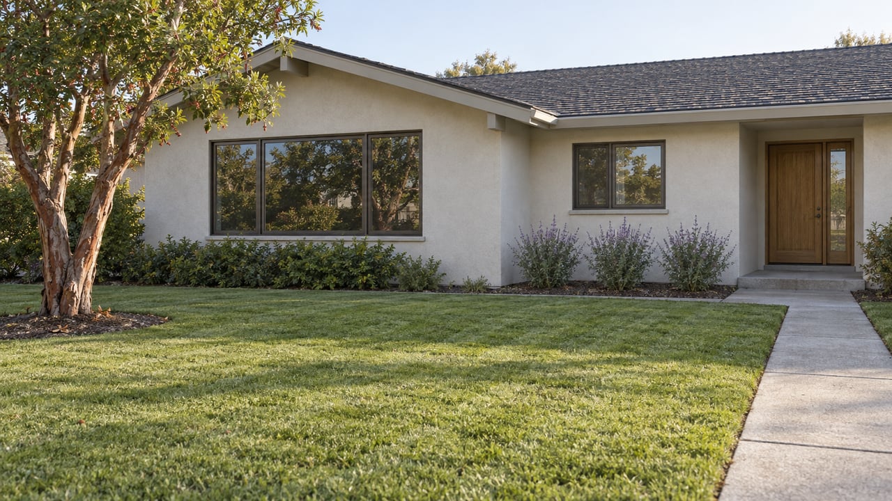 Light stucco single-story home with dark-framed windows, a broad lawn and a mature strawberry tree in soft morning light.