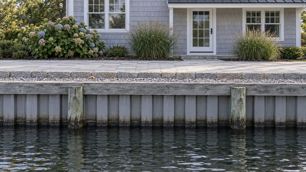 Gray vinyl bulkhead with timber cap fronts a paver terrace and shingled waterfront home.