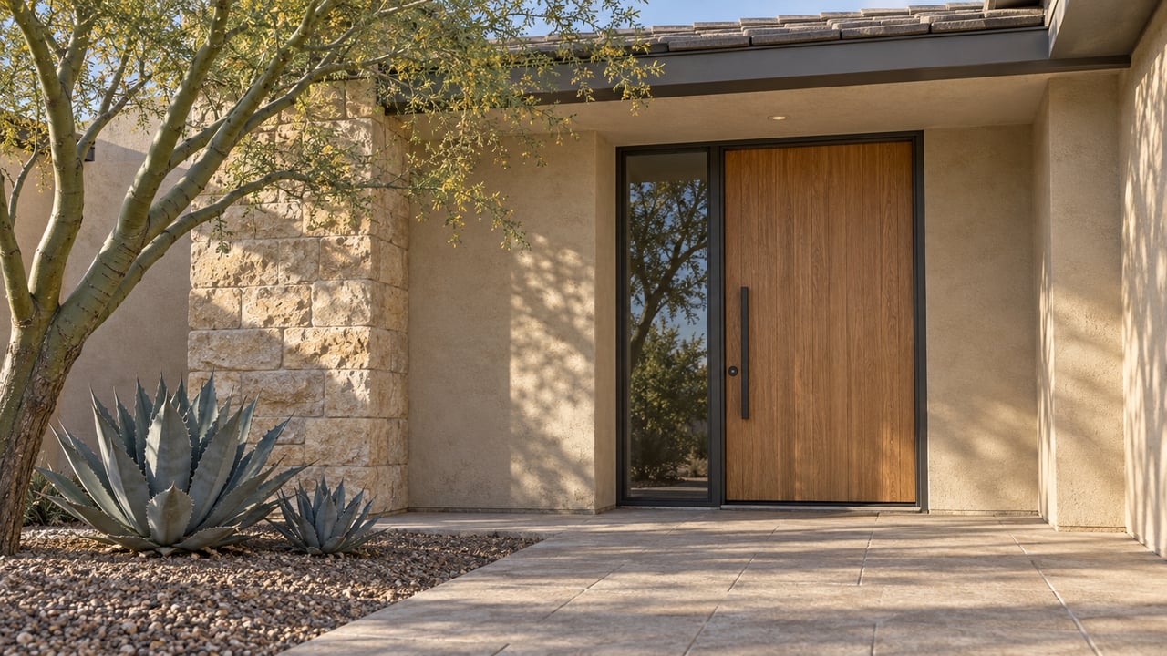 Sunlit stucco and limestone home entry with a closed wood door, steel-framed sidelight, palo verde tree and two blue-gray agaves beside a paved approach.