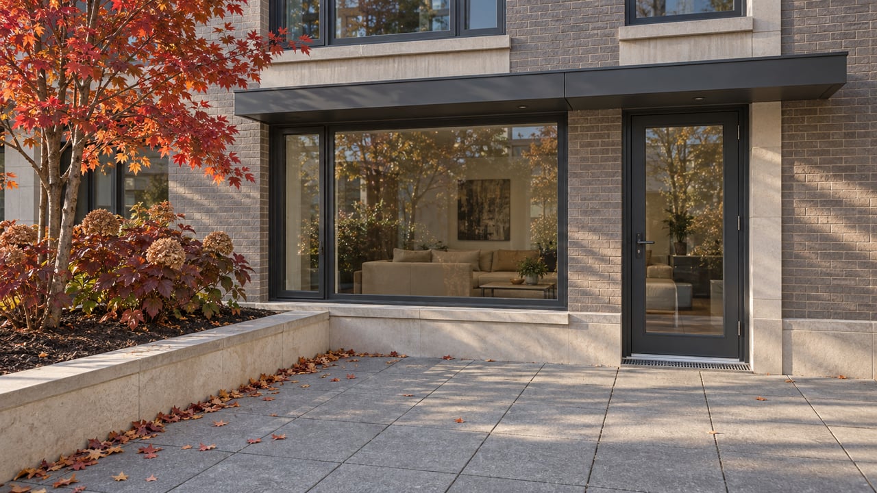 Contemporary brick apartment facade with charcoal window frames, a paved courtyard and red autumn maple leaves.