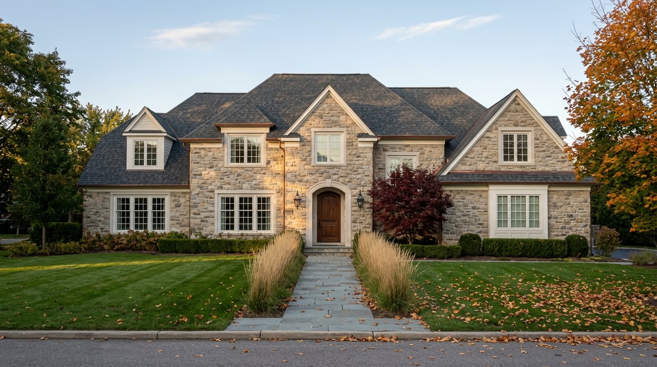 Stone two-story home with an arched walnut entry, deep-red Japanese maple, and a broad lawn in autumn.