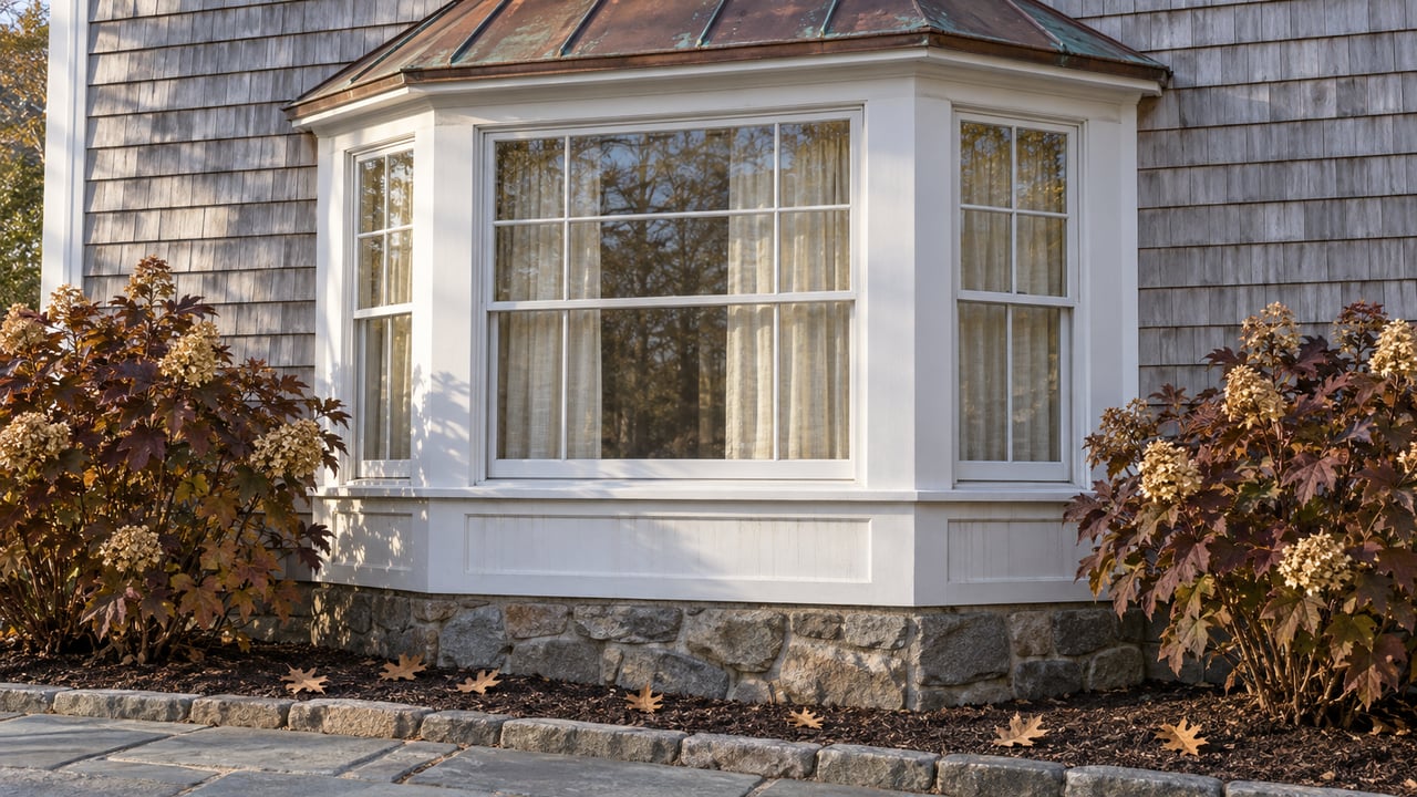 A white-trimmed bay window projects from a gray cedar-shingled home above a stone foundation and autumn oakleaf hydrangeas.