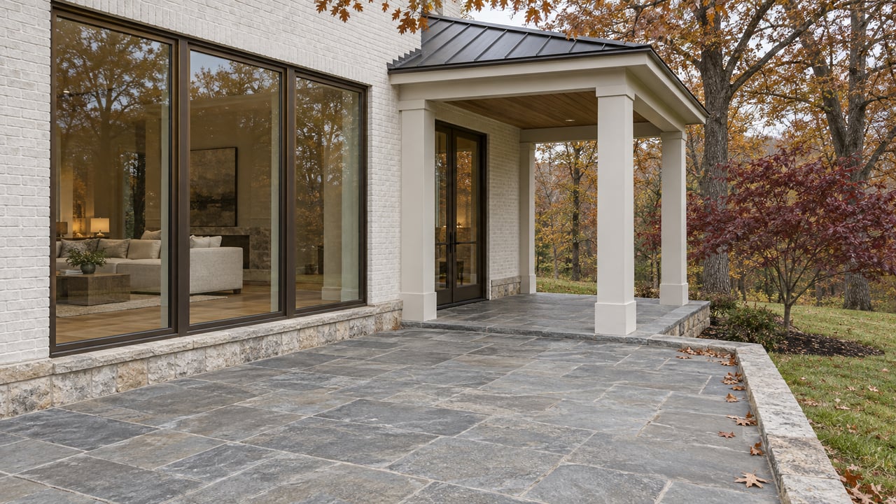 Painted-brick home with bronze-framed windows, a covered stone terrace, and russet autumn trees beside a sloping lawn.
