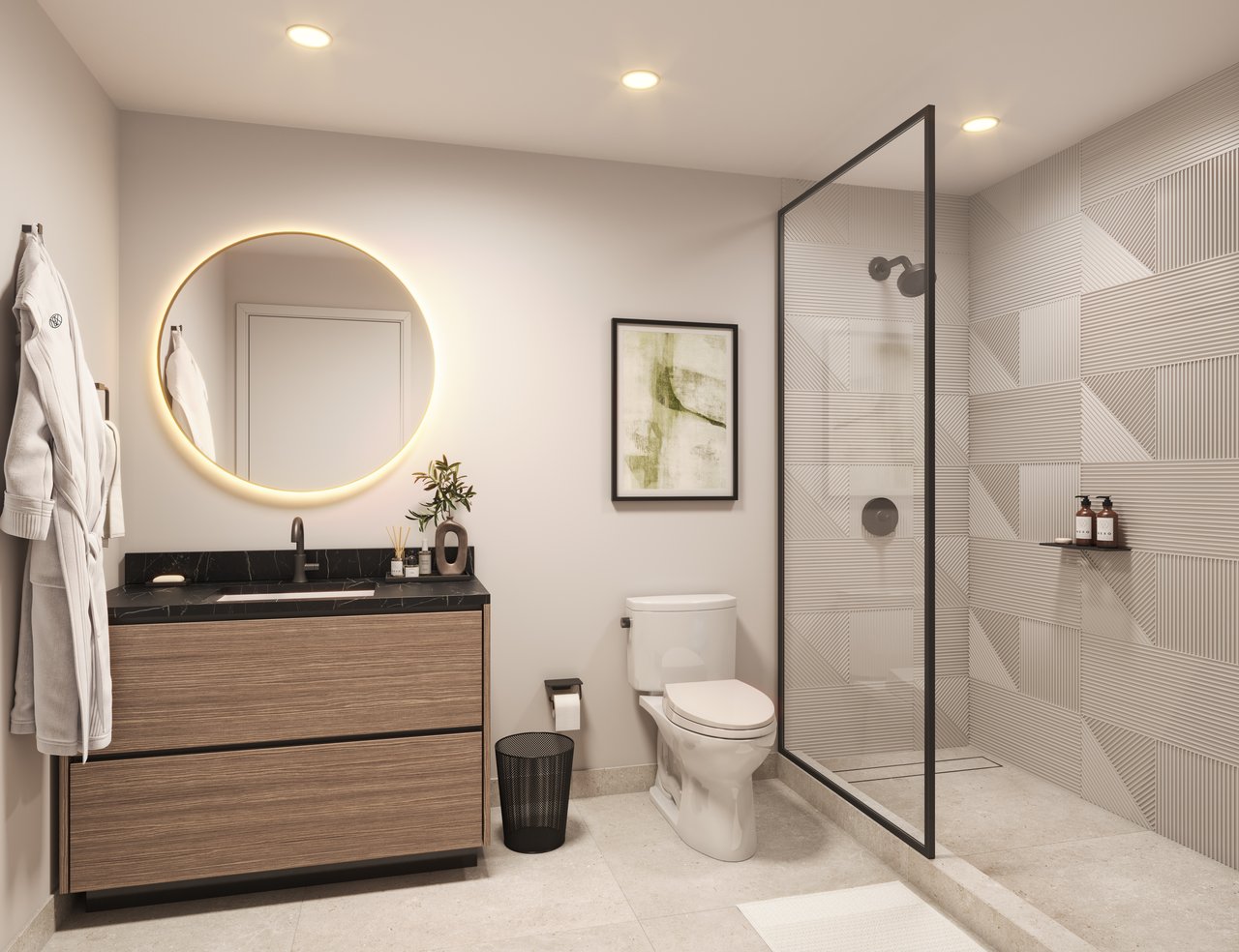 Modern bathroom with a wood-grain vanity, illuminated round mirror, and glass shower with patterned tile.