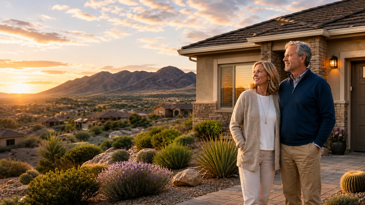 Couple outside a Prescott Valley home representing downsizing with seven questions to ask before making a move.
