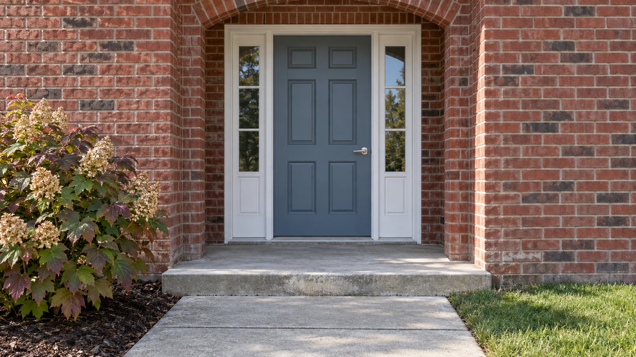 Red-brick arched entry with a blue-gray front door, white sidelights, and a gently worn concrete approach bordered by lawn and oakleaf hydrangea.
