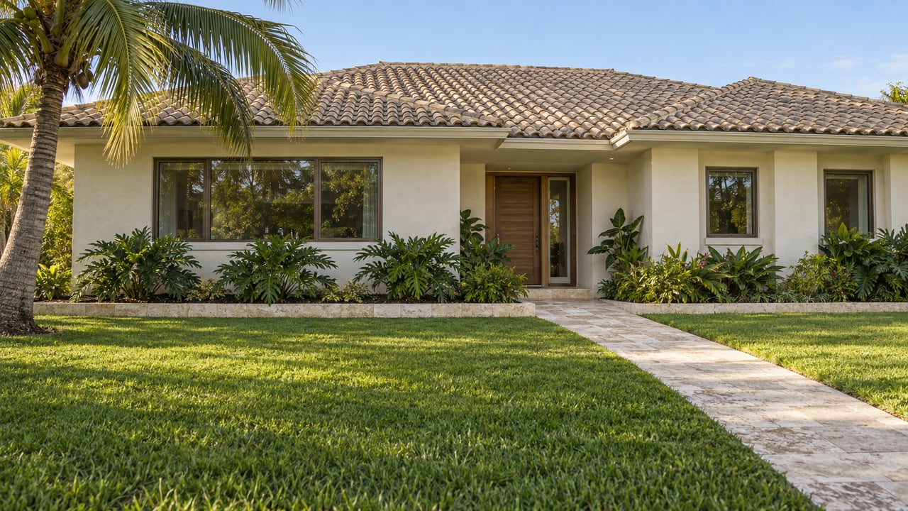 An established single-story home with ivory stucco, a pale tile roof and bronze-framed windows beyond a broad lawn and limestone entrance walk.
