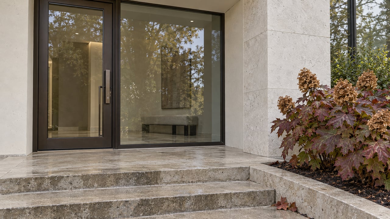 Contemporary glazed residential entrance with bronze frames, damp limestone steps, and burgundy oakleaf hydrangea beside a stone curb.