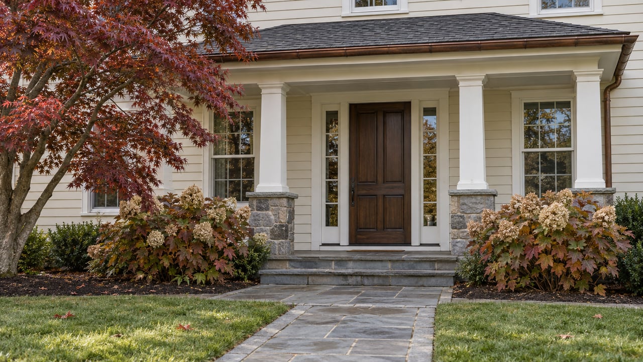 Traditional ivory clapboard home with a covered oak-door entry, bluestone steps and autumn specimen planting.