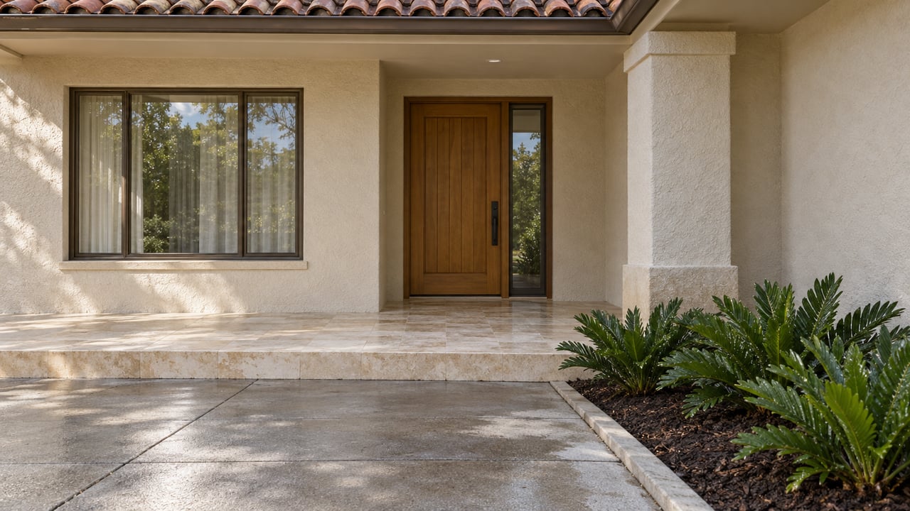 Sunlit stucco entry with terracotta roof tiles, a wood door, limestone porch and coontie planting after rain.