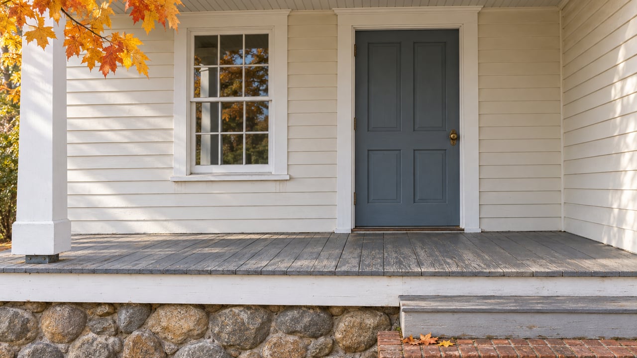 Autumn light across a cream clapboard cottage porch with a blue-gray door, divided-pane window, worn painted decking, and fieldstone foundation.