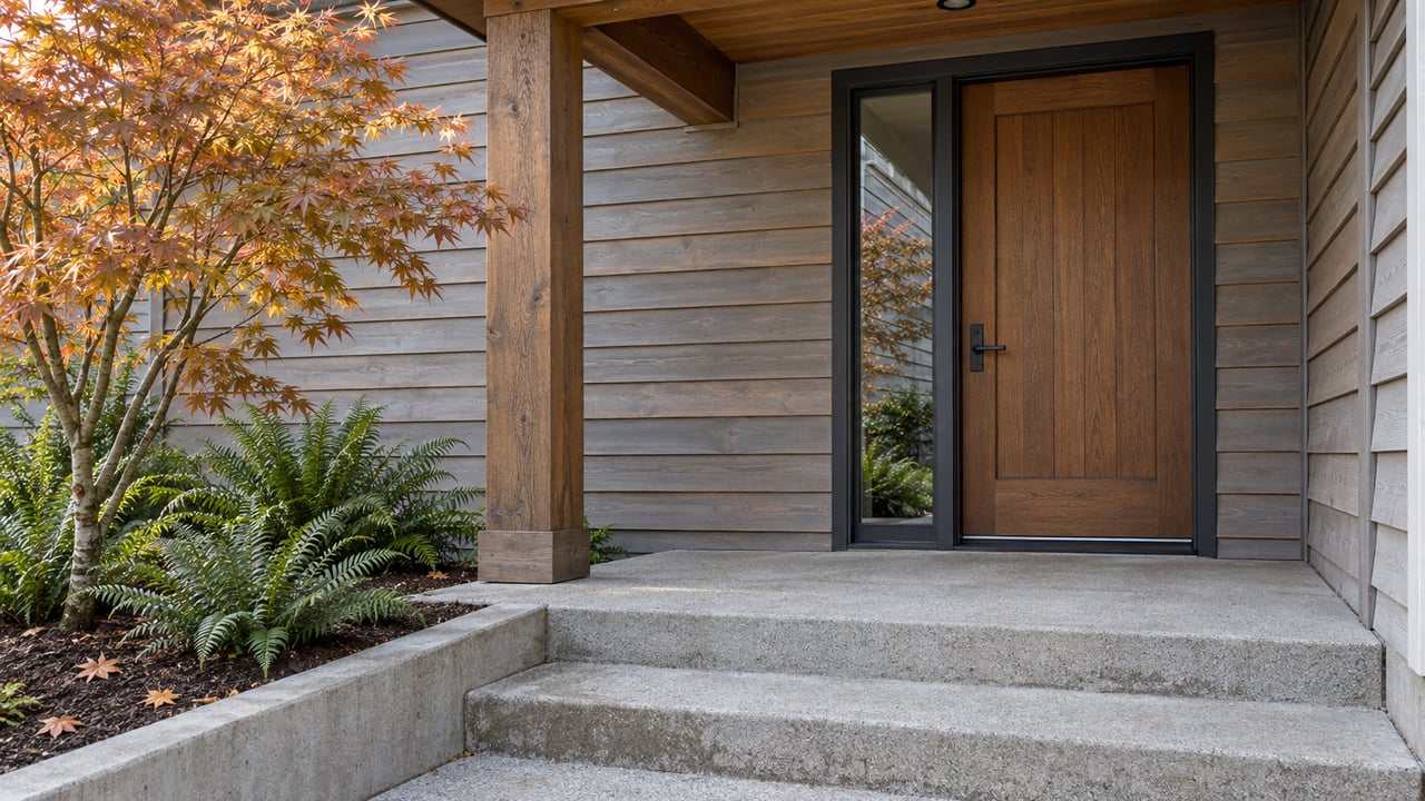 Covered home entry with weathered cedar siding, a wood door and glazed sidelight, concrete steps, and an amber-leaved vine maple above sword ferns.