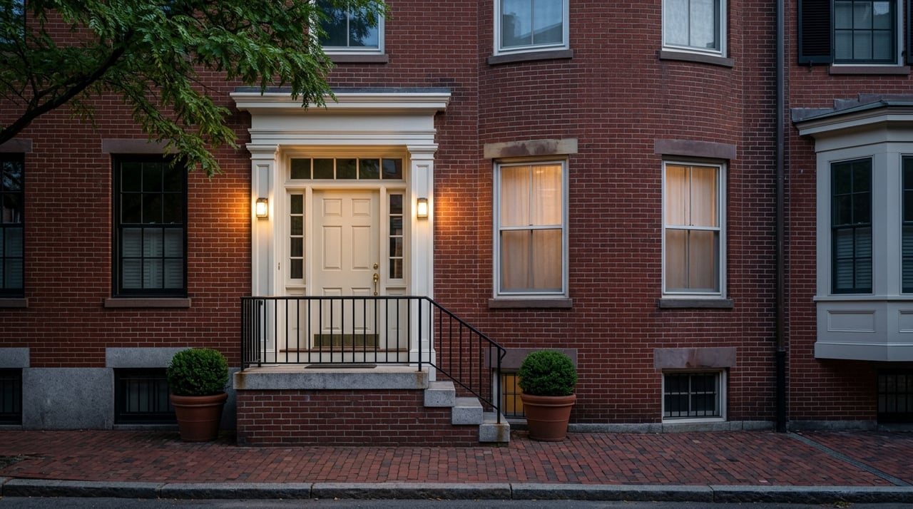 Brick entry and stoop at blue hour, lit by warm sconces and a glowing window.