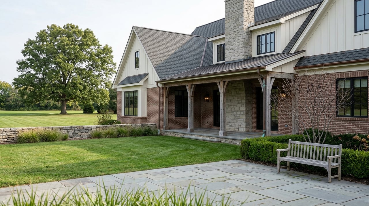 Farmhouse rear elevation with covered stone-and-timber patio, broad lawn, low fieldstone wall, and oak canopy.