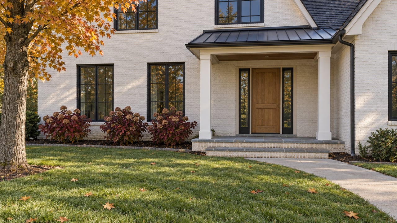 Autumn sunlight grazes a white-painted brick home with black-framed windows, an oak front door, bluestone steps and a broad lawn beneath an amber maple.