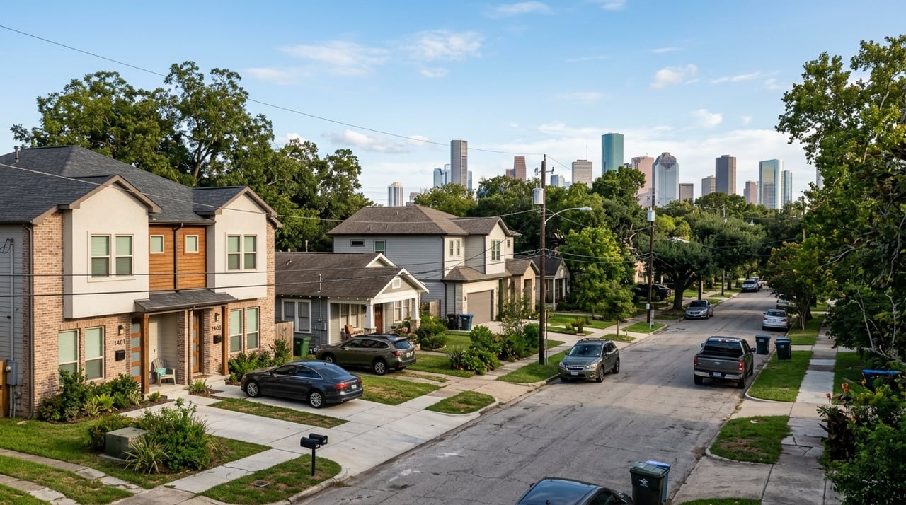 Houston neighborhood street with modern homes and downtown skyline in the distance.