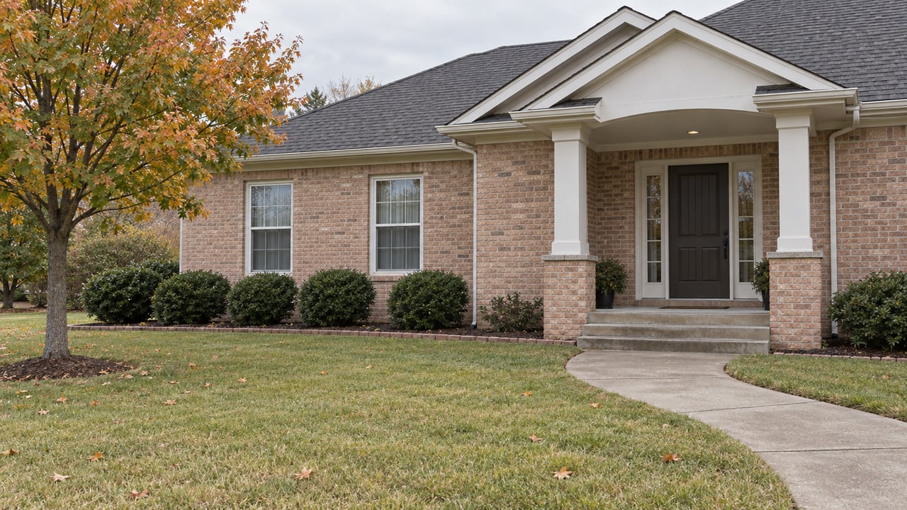 Warm pink-tan brick home with white porch columns, a curving concrete walk and an autumn maple beside a broad lawn.