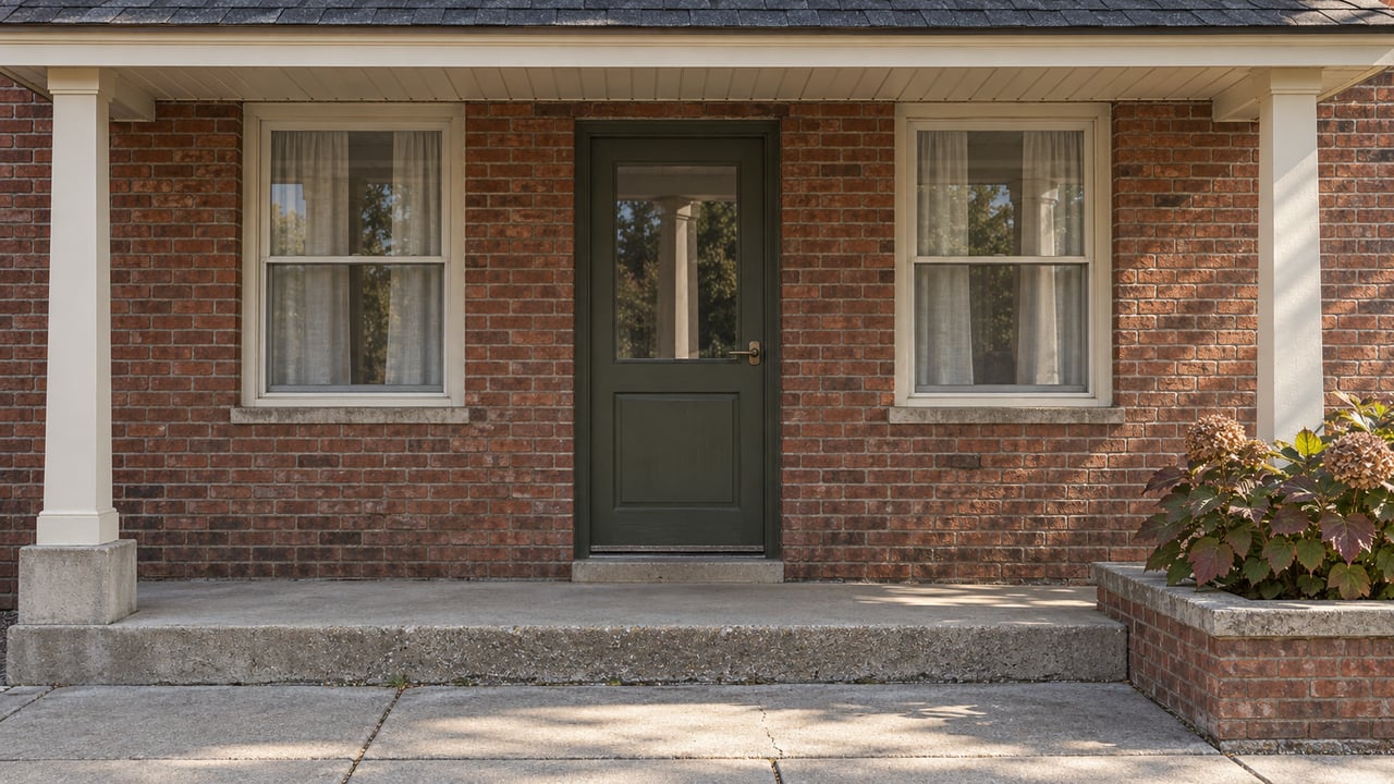 Red-brown brick apartment entry with an olive door, paired windows and a worn concrete stoop beneath a shallow porch roof.