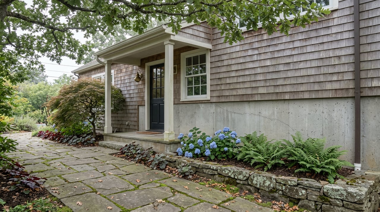 Flagstone path with moss leads to a shingled home’s porch, framed by oak branches, ferns, and blue hydrangeas.