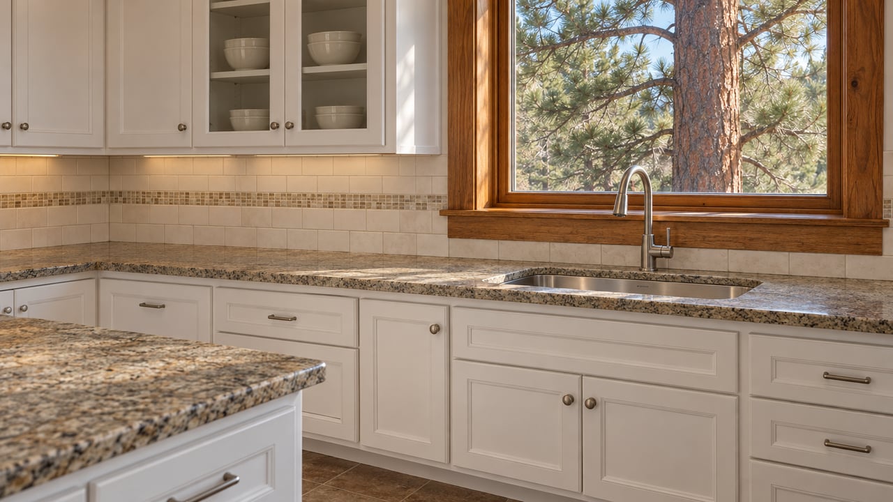 White cabinetry and warm-gray granite in a timber-trimmed kitchen, with afternoon light and a mature ponderosa pine visible through the closed window.