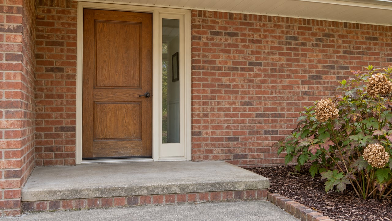 Weathered oak front door and narrow sidelight set into a red brick entrance, above a concrete step beside an oakleaf hydrangea.