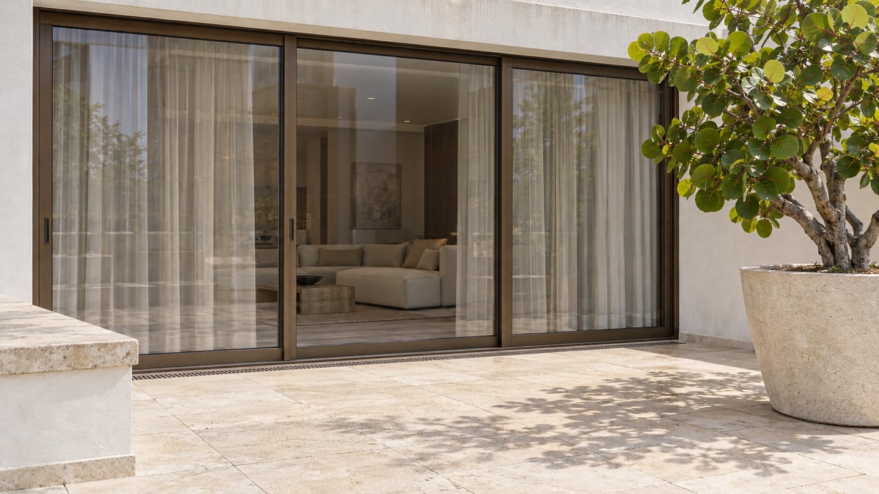 Sunlit limestone apartment terrace with closed bronze-framed glass doors, a white masonry bench and one sea-grape tree in a stone planter.