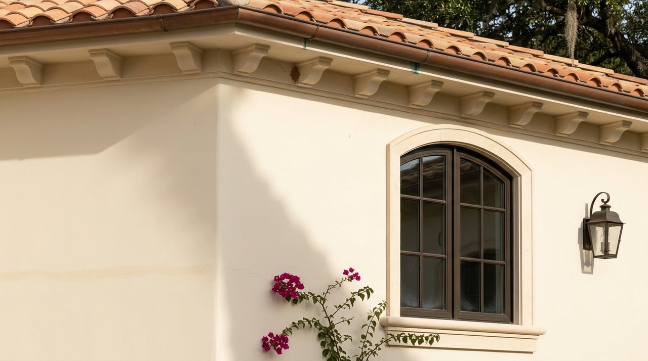 Mediterranean Revival corner with an arched window, terracotta eaves, stucco cornice, and magenta bougainvillea.