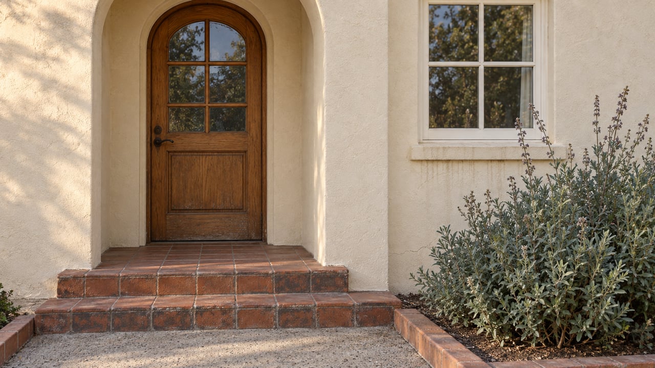 An arched wood front door in an ivory stucco home above worn clay-tile steps, beside a divided-light window and silver-green Cleveland sage.
