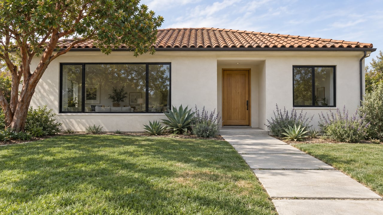 Renovated warm-white stucco home with terracotta roof, black-framed windows, deep front lawn and sculptural planting beside a concrete approach.
