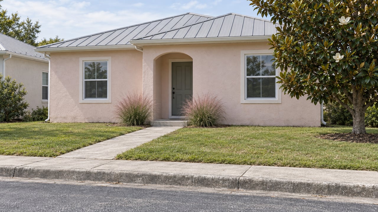 Single-story shell-pink stucco home with a gray metal roof, front lawn, and magnolia tree.