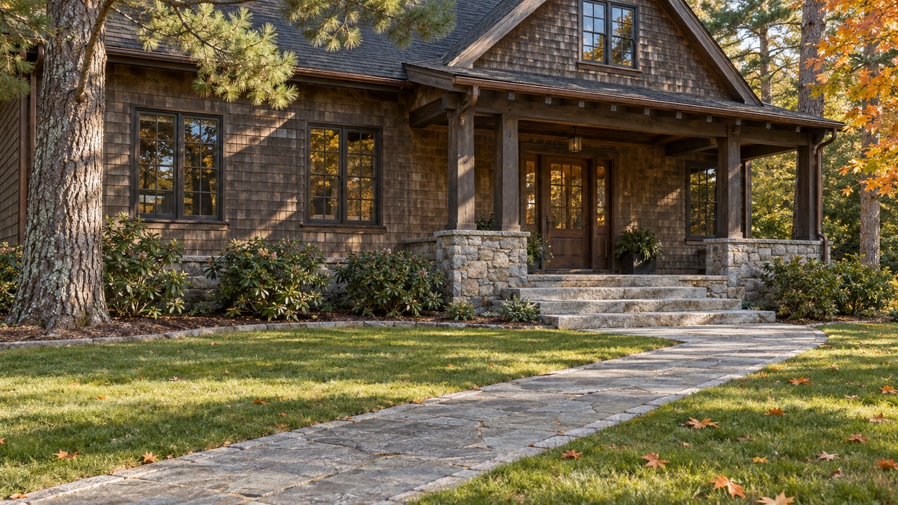 Weathered cedar home with a granite foundation, covered timber porch and stone approach across an autumn lawn.