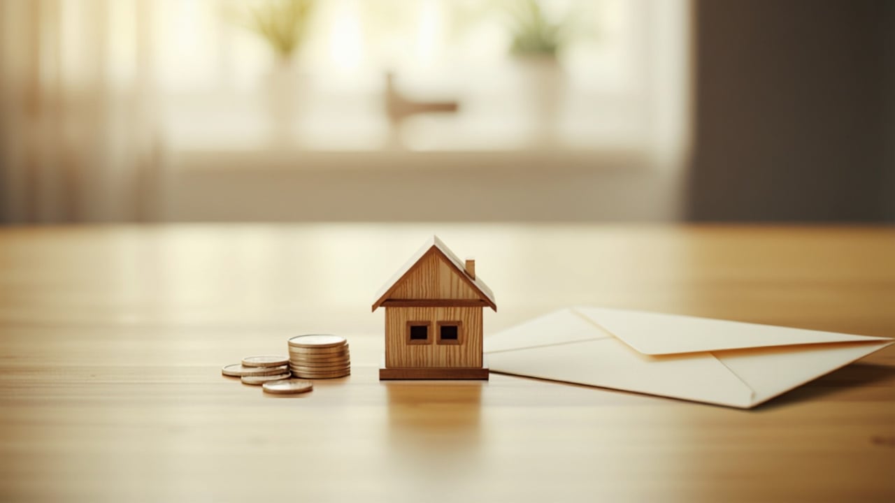 Wooden model house beside coins and paperwork on a table.