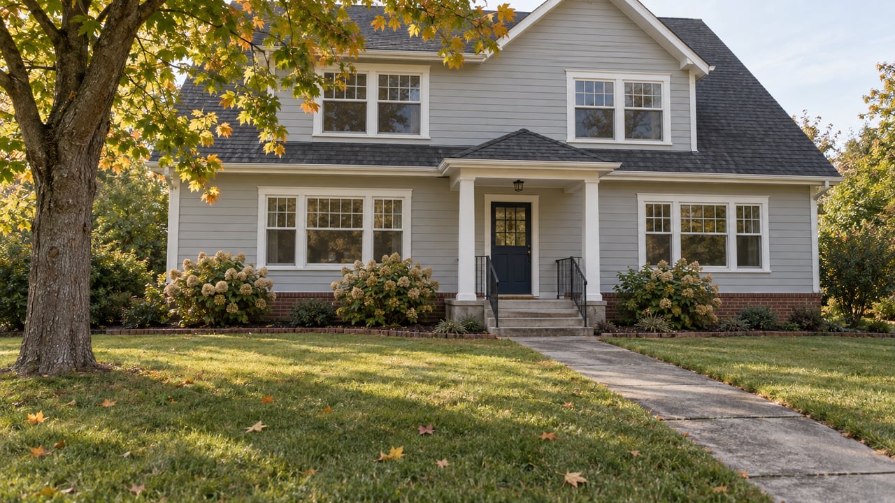 A pale gray gabled house with white-trimmed windows, a blue front door, and a deep autumn lawn beside a mature maple.