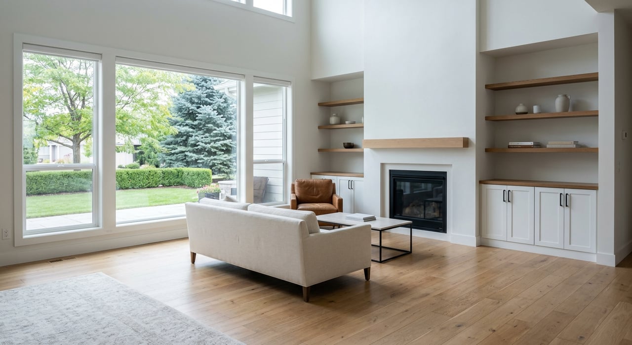 Double-height great room with a plaster fireplace and large white-trim windows overlooking a tidy backyard.