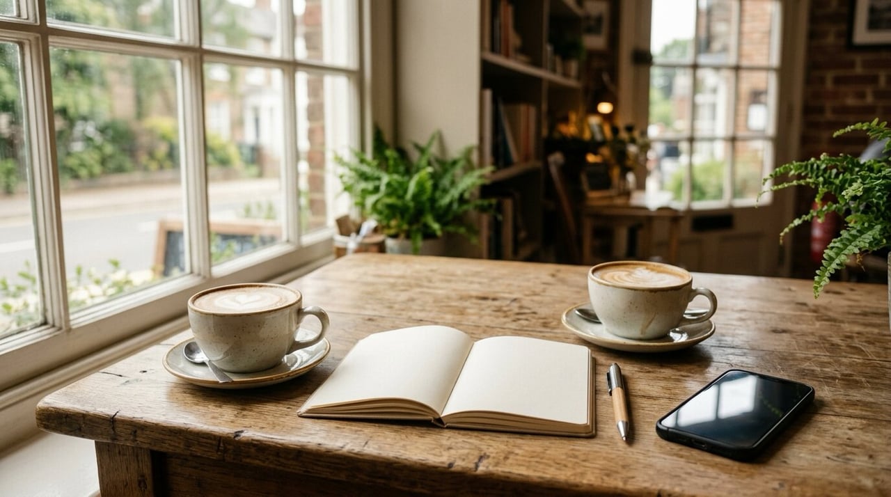 Two coffee cups, an open notepad and a pen on a cafe table, questions to ask a REALTOR before you hire them