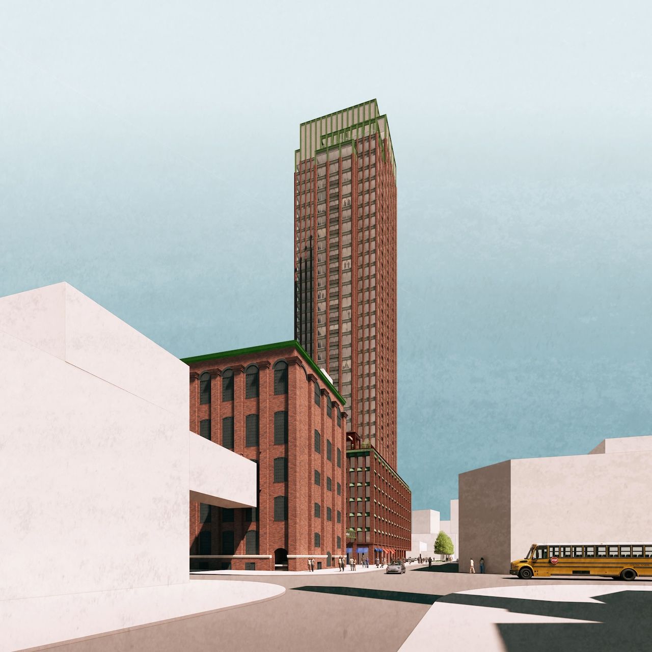 Rendering looking southeast to the proposed 37 storey Carpet Factory redevelopment tower in Liberty Village, Toronto
