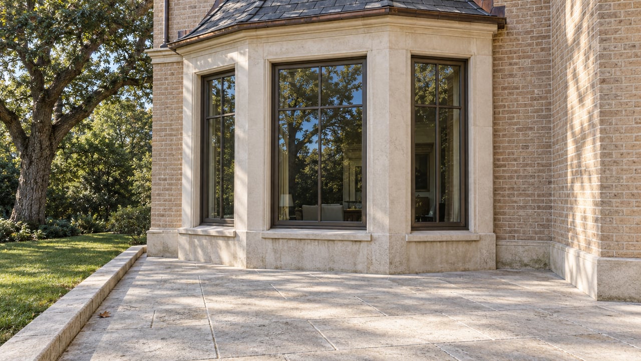 Garden-facing brick and limestone bay with bronze-framed windows, a stone terrace, and a mature live oak at the edge of the frame.