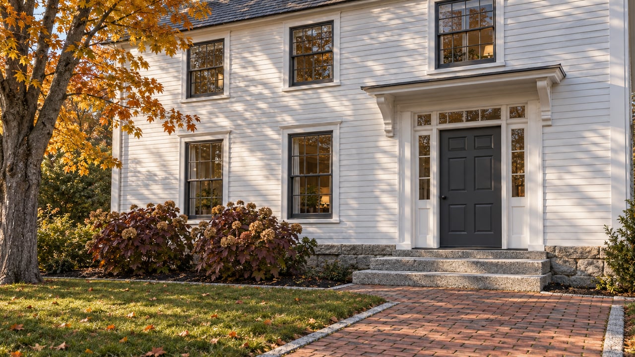 Autumn sunlight grazes a white clapboard home with charcoal sash windows, granite entry steps and a brick garden walk beside amber maple foliage.