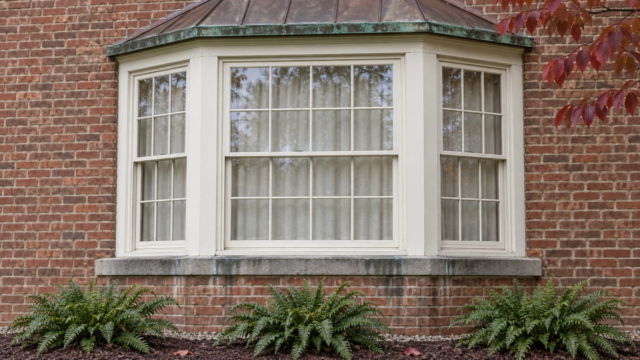 A three-sided white-painted window bay beneath an aged copper roof, set into red brick with autumn dogwood leaves and ferns below.