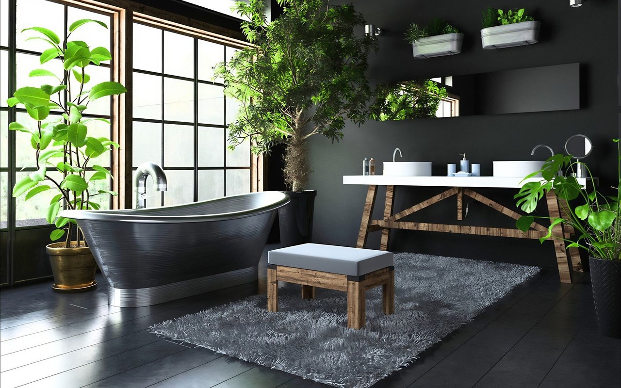 Modern bathroom with a dark freestanding tub, tall grid windows, and a plant-filled double vanity.