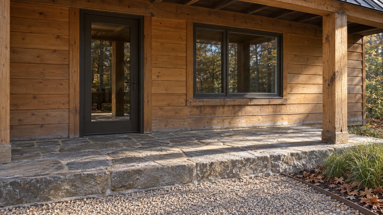Timber cottage entry with cedar siding, closed bronze-framed glazing, a sandstone porch step and autumn sedge beside a gravel approach.