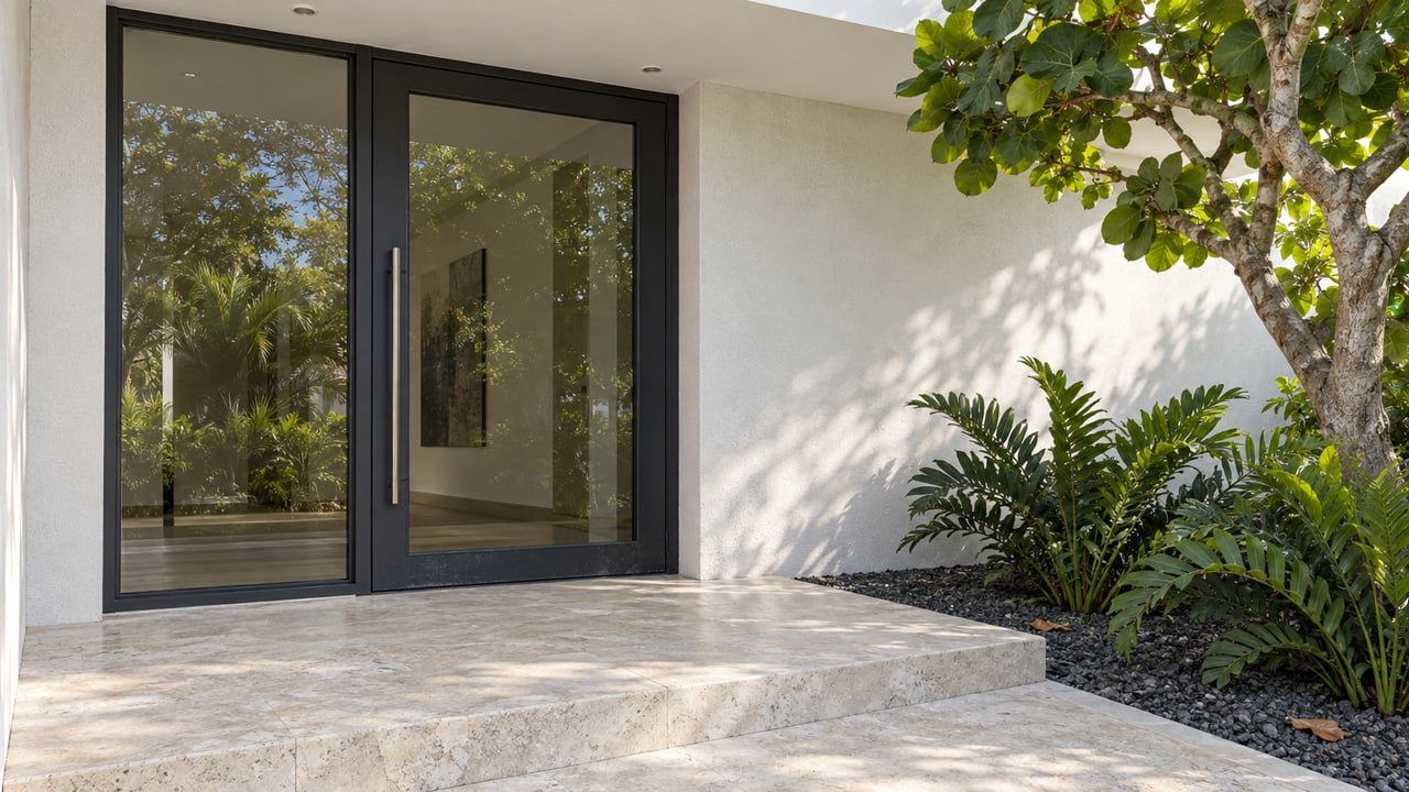 Sunlit modern home entry with pale limestone steps, white stucco, dark glazed door and sculptural sea-grape planting.