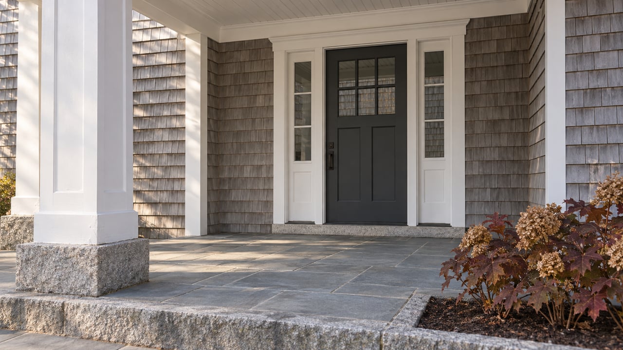A cedar-shingled home's charcoal front door and white-trimmed sidelights open onto a covered bluestone porch beside autumn oakleaf hydrangeas.